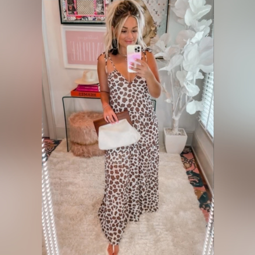 NWT Buddy Love Athena Leopard Cheetah Print Tie Shoulder Maxi Dress, Brown XS